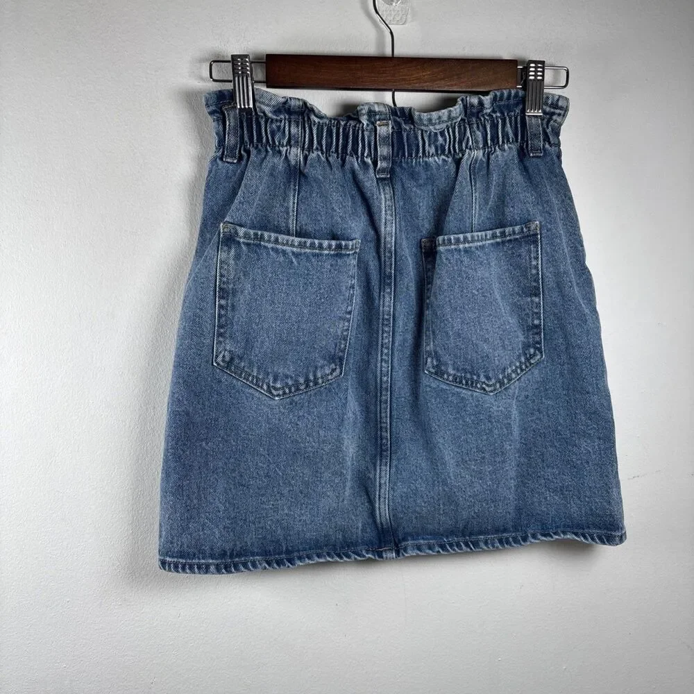 MNG by Mango Women’s Denim Mini Skirt XS Blue High Rise Paperbag Waist Y2K
